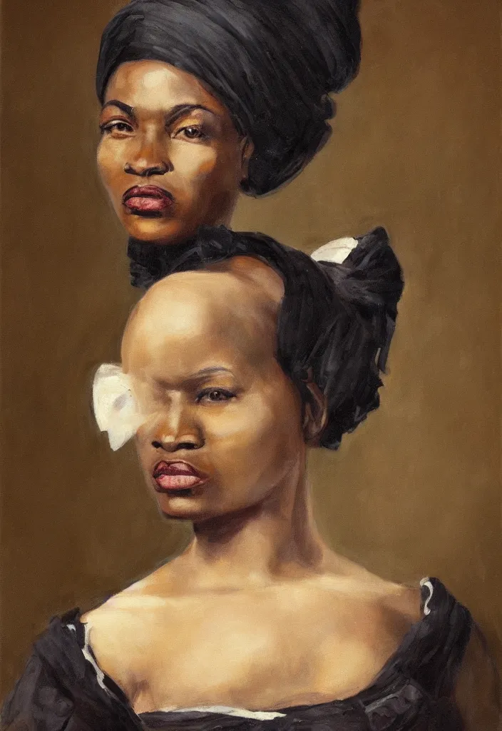 Image similar to a front portrait of a black woman in victorian attire oil on canvas, trending on artstation, digital art.