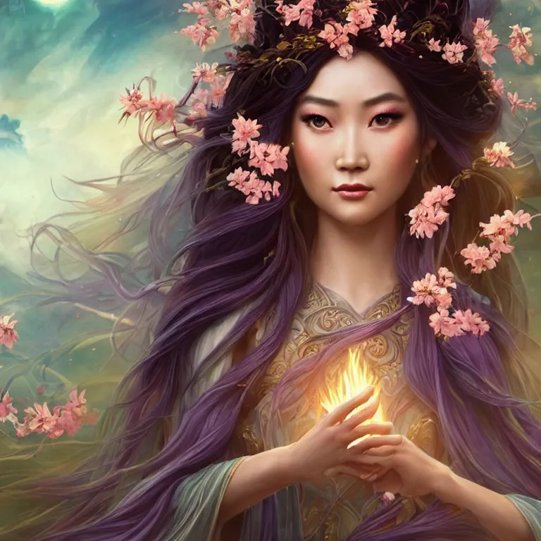 Image similar to beautiful cinematic fantasy poster, a beautiful vietnamese goddess wearing a long flowy ao yai with enbroidered flowers with flowing illuminated hair, beautiful glowing galaxy eyes, wideshot ultrawide angle epic scale, hybrid from The Elden Ring and art direction by Darius Zawadzki ;by artgerm; wayne reynolds art station; cinematic quality character render; low angle; ultra high quality model; production quality cinema model;