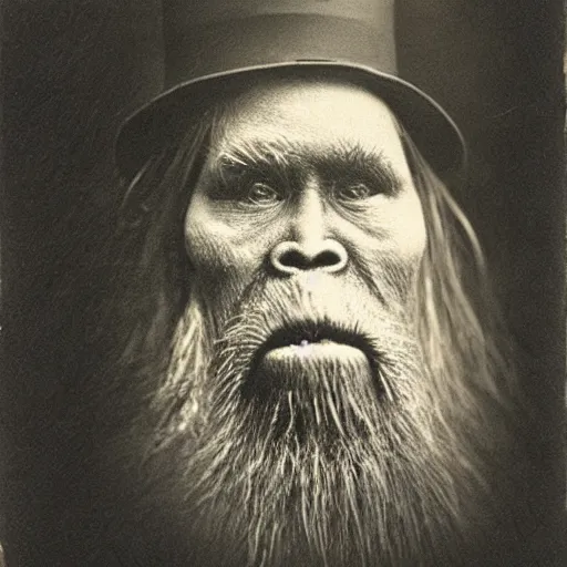 Image similar to a vintage wet plate portrait of a dignified bigfoot with a top hat and cane, extremely detailed, by julia margaret cameron!!!!!!!!!!!!!!!!!!