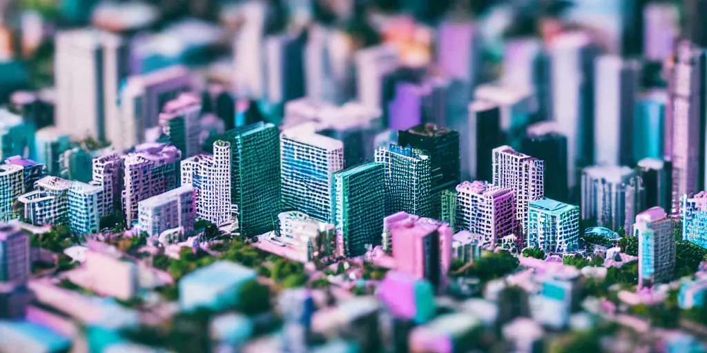 Image similar to macro photo of a miniature vaporwave city, canon 8 0 d, canon 1 0 0 mm f / 2. 8, 4 k,