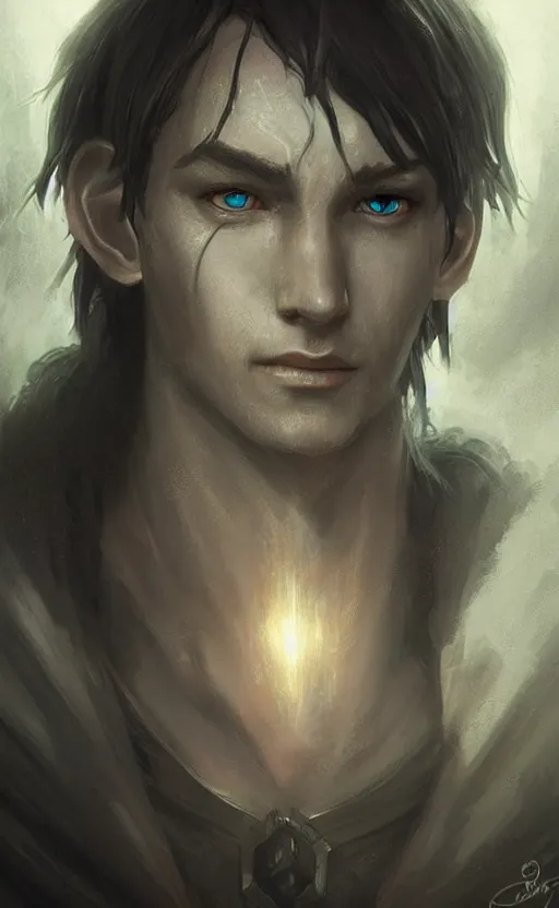 Image similar to Portrait of an elf in a black tunic with glowing eyes, male, detailed face, fantasy, highly detailed, cinematic lighting, digital art painting by greg rutkowski