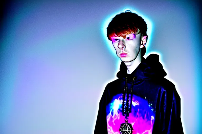 Image similar to bladee wearing aura inspired by a wizard mage