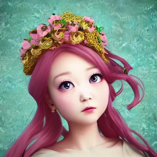 Image similar to highly detailed 3D render portrait young, kawaii lady pink cheeks dressed in manga, floral renaissance dress