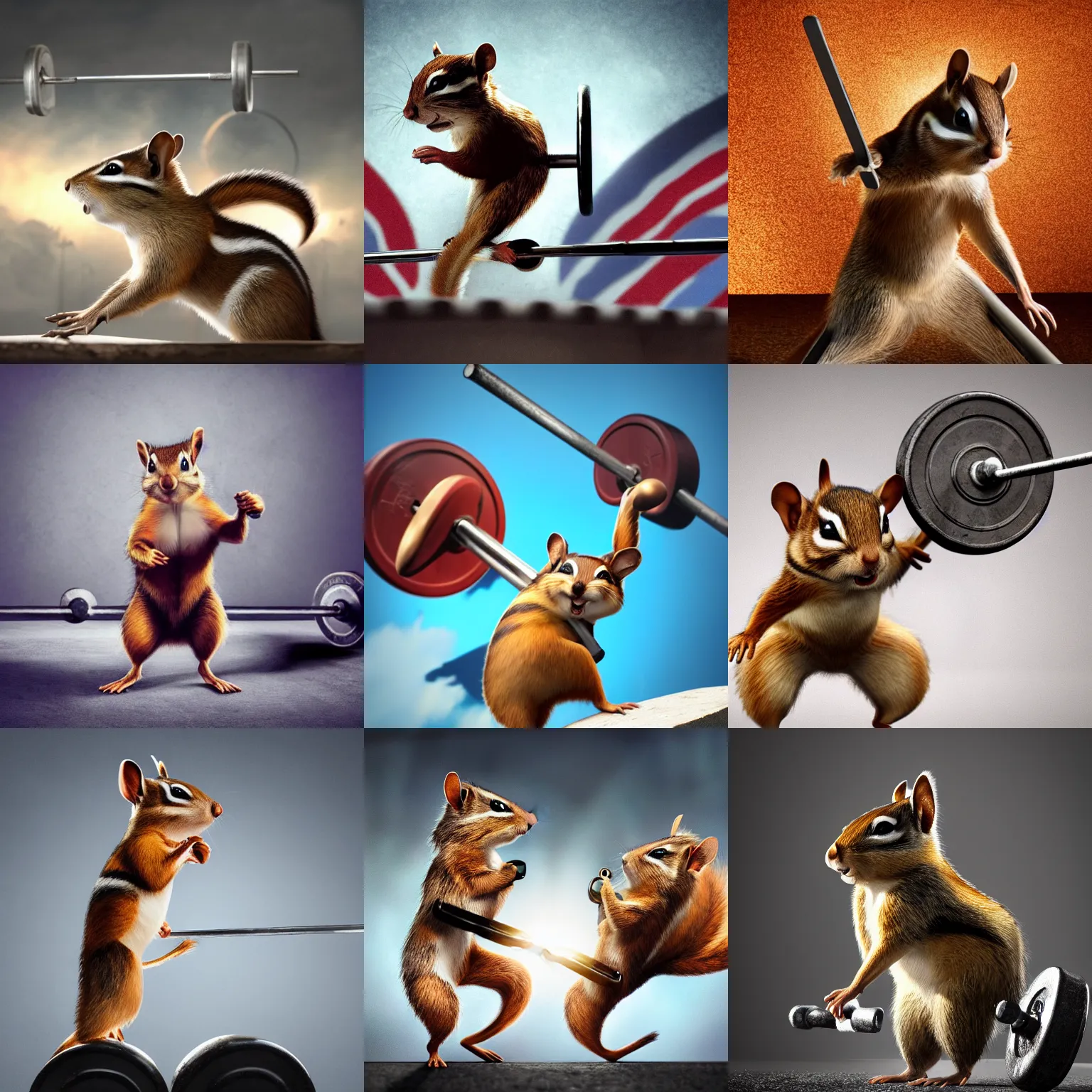 Prompt: a high quality photo of chipmunk lifting barbell over it's head, backdrop-Olympic game, render, ultra photorealistic, epic lighting, cgsociety