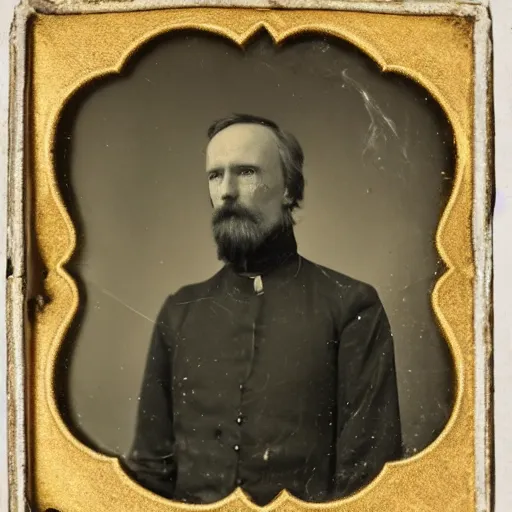 Prompt: daguerrotype portrait of a 19th-century Belgian army general, with a spectre of death looming silently behind him.