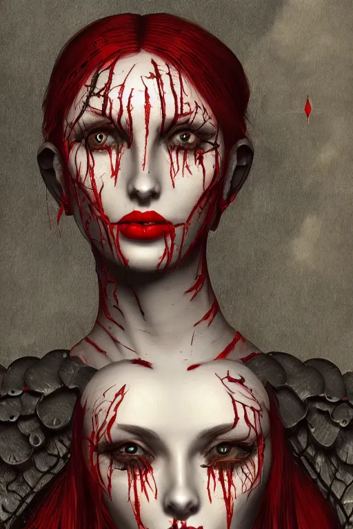 Image similar to portrait of beautiful young gothic maiden, warhammer, a lot of scars, red lips, the middle ages, highly detailed, artstation, illustration, art by max ernst, 8 k quality