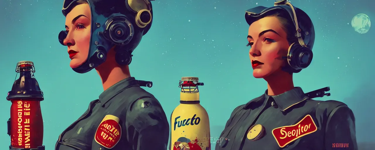 Image similar to duotone noir concept illustration 3 / 4 portrait of vintage female fallout 4 model in retro space suit advertising bottles nuka cola. accidental renaissance. by sachin teng and sergey kolesov and ruan jia and heng z. graffiti art, scifi, fantasy, hyper detailed. octane render. concept art. trending on artstation