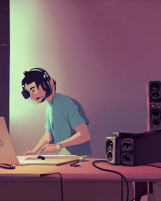 Image similar to man with headphones at his home studio producing music late at night, very detailed, 4 k, cory loftis, james gilleard, atey ghailan, makoto shinkai, goro fujita, studio ghibli, rim light, exquisite lighting, clear focus, very coherent