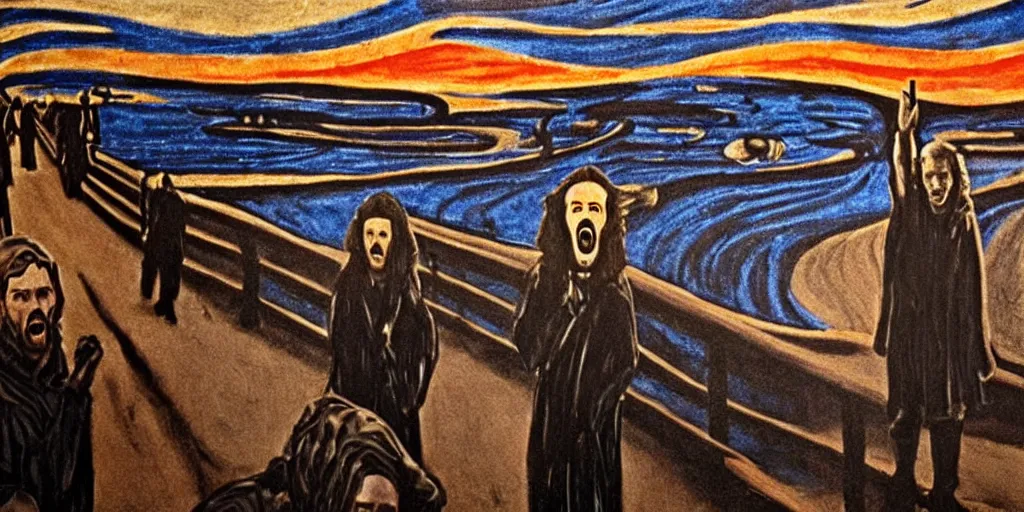 Prompt: john snow in the the scream painting realistic view