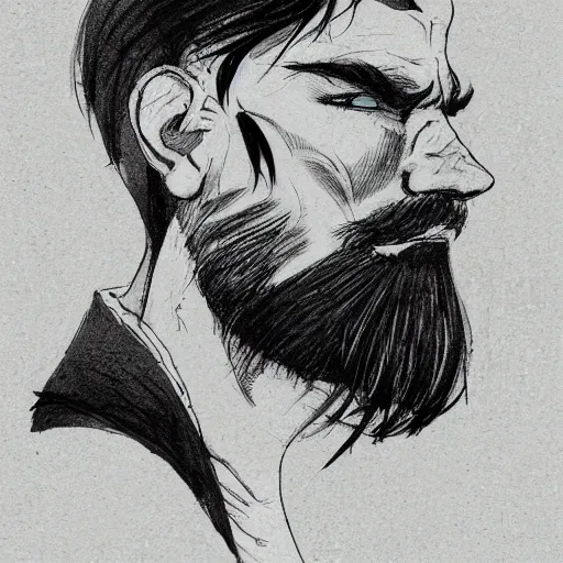 Image similar to concept art character, very high angle view, book cover, very attractive man with beard, highly detailed full body, strong masculine features, sturdy body, command presence, royalty, smooth, sharp focus, organic, appealing, book cover, deep shadows, by Dave McKean sketch lineart for character design