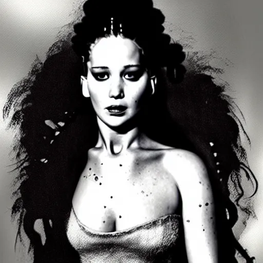 Image similar to jennifer lawrence as the bride of frankenstein, relistic,