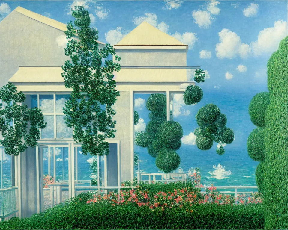 Prompt: achingly beautiful painting of a sophisticated, well - decorated, modern poolhouse by rene magritte, monet, and turner.