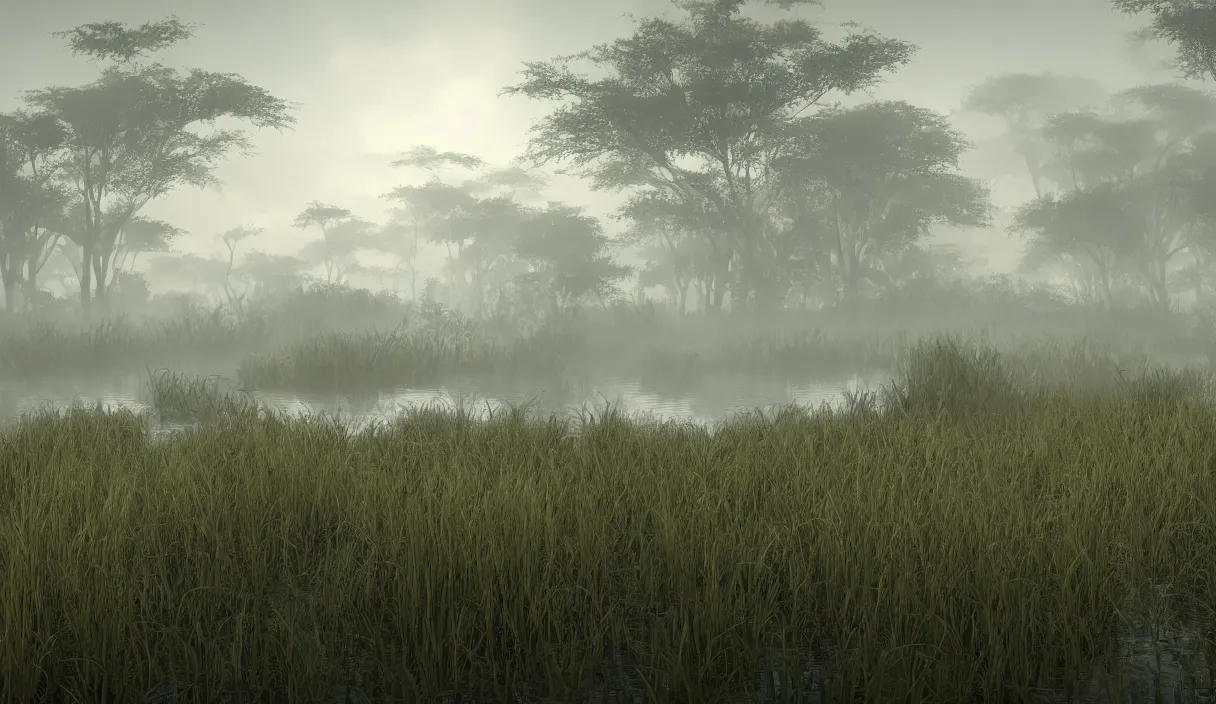 Prompt: prehistoric swamp with tall grasses, among which swims a fearsome vertebrate with sharp teeth hunting small mammals, murky water, reflections, contrasting light, attention to detail, dark and dramatic atmosphere of prehistoric life, volumetric fog, raytracing, back light, raymarching, by ilm, by digital domain, by weta digital