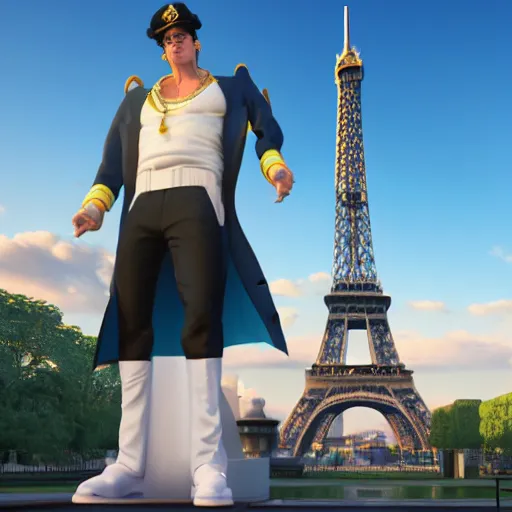 Image similar to a 3 d render of jotaro kujo next to the eiffel tower, hyper - detailed, unreal engine 5, beautiful, the sun is rising, ultra - realistic