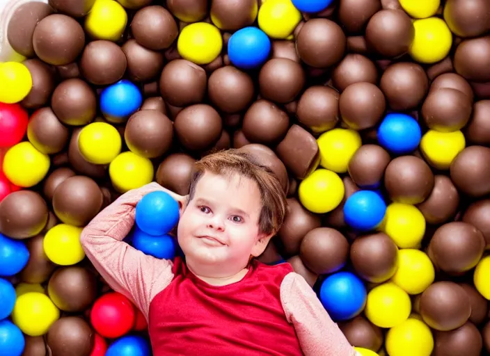 Image similar to photo still of in a ball pit filled with chocolate pudding!!!!!!!! at age 4 6 years old 4 6 years of age!!!!!!!! hiding from parents, 8 k, 8 5 mm f 1. 8, studio lighting, rim light, right side key light