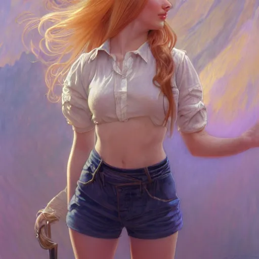 Image similar to A young woman with blonde long hair and bangs in shorts and white shirt drawn by Donato Giancola and Julie Bell, frank frazetta, alphonse mucha, background by James Jean and gustav klimt, 4k, volumetric lighting, french nouveau, trending on artstation, octane render, hyperrealistic