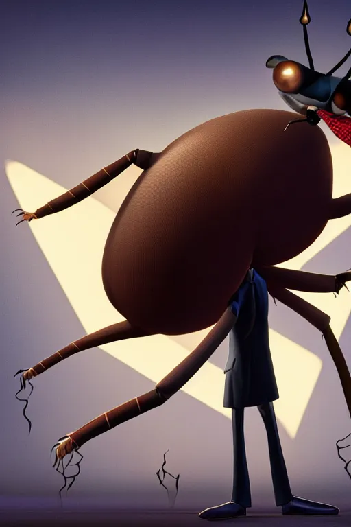 Prompt: full body shot of a thin anthropomorphic cockroach wearing a suit with a tie, with long antennae, trending on artstation, trending on deviantart ,backlighting, 8k, hyper detail illustration, symmetrical, correct proportions, 3d render, by tim schafer, vibrant colors, by tim burton