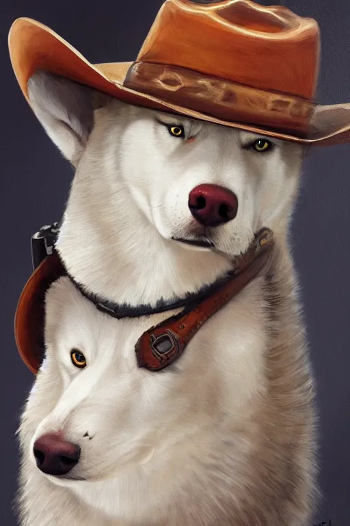 Image similar to a portrait painting of a husky in cowboy costume, wearing a cowboy hat, [ western film ], humanoid, personify, anthropomorphic, trending on artstation