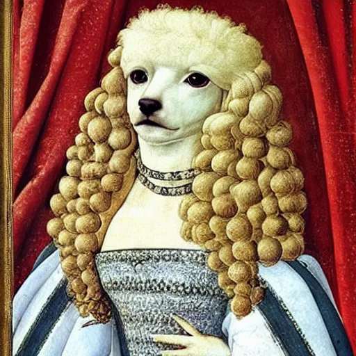 Image similar to portrait of a white poodle dog as an italian queen, painting by botticelli, 1 4 8 0 s