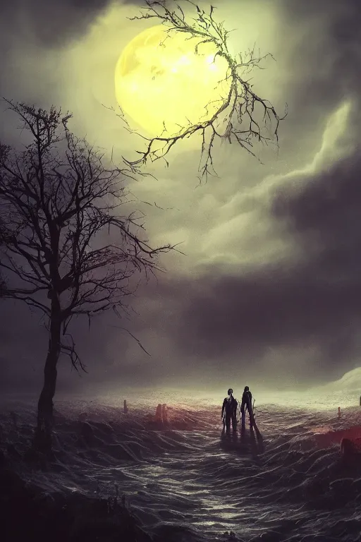 Prompt: death comforting life, perfectly circle red moon in the sky, dark and dim lighting, night, storm of all storms, weird, spooky, enchanted scene, evil, beautiful, spooky, haunted, environment concept, cgsociety, environment 8K artstation, cinematic lighting, intricate details, extreme beauty, Unreal Engine 5