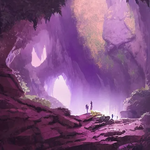 Prompt: beautiful giant piece of amethyst in a lush cave, greg rutkowski