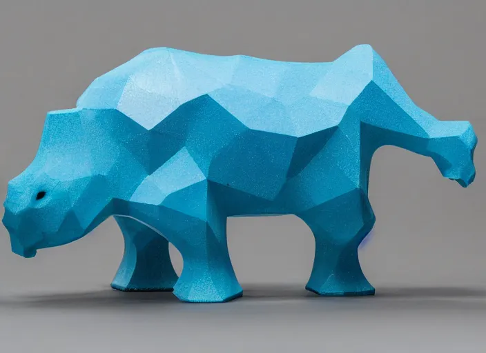 Image similar to a minimalist curvy shaped sculpture of hippopotamus! baby, bottom made half wood, top half blue translucid resin epoxy, cubic blocks stripes cuts, side view profile centered, studio, design, object