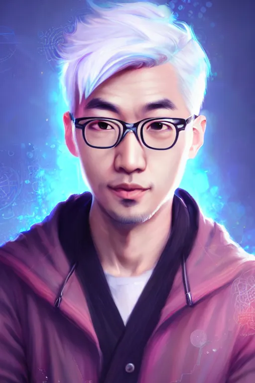 Prompt: character design, a handsome young doctor with silver hair, chinese mixed canadian ancestry, blurred environment background, colorful magic effects, white skin, portrait, male, clothed, sharp focus, digital art, concept art, trending on artstation, dynamic lighting, by emylie boivin and rossdraws