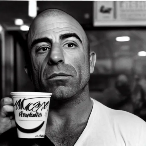 Image similar to joe rogan eating at a macdonalds restaurant, black and white photo by dianne arbus