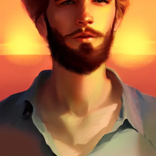 Image similar to young man with a light beard, beautiful sunset, high definition, concept art, digital painting, art by Bowater and Charlie