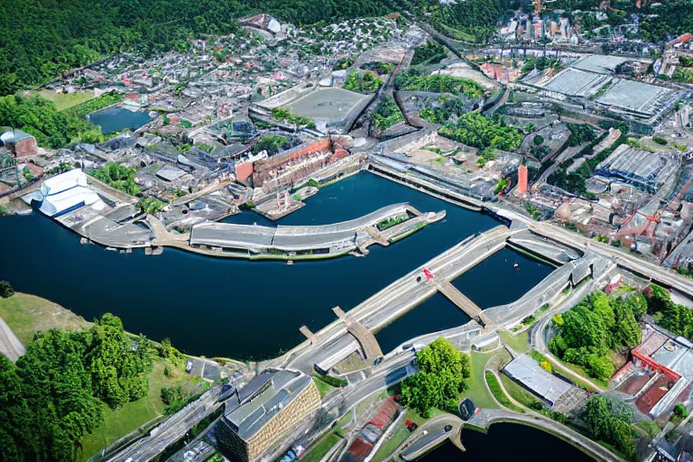 Image similar to bird's eye view photography of a small city. town hall, central farm, monorail station, inlet and shipping dock. hills, woods and pond to the north.