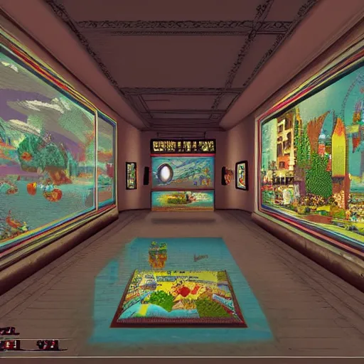 Prompt: the last virtual art museum in a 9 0's video game, made in 1 9 9 0, hyper detailed hd screenshot, in the style of a liminal space