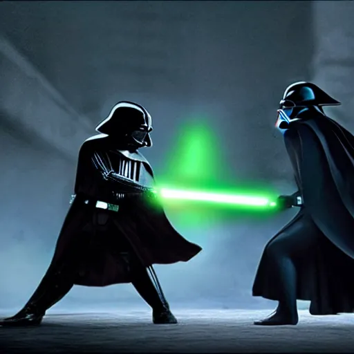 Image similar to stunning awe inspiring darth vader fighting yoda, movie still 8 k hdr atmospheric lighting