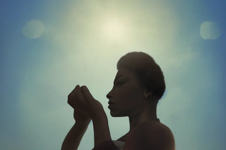 Image similar to a black woman ancestor watching her kids from the sky ( ( ( ( volumetric light ) ) ) ), high angle, part by pearl fryar, part by prince damah, cinematic, poetic, smooth, portrait, trending on artstation, cinematic view, illustration, painting.