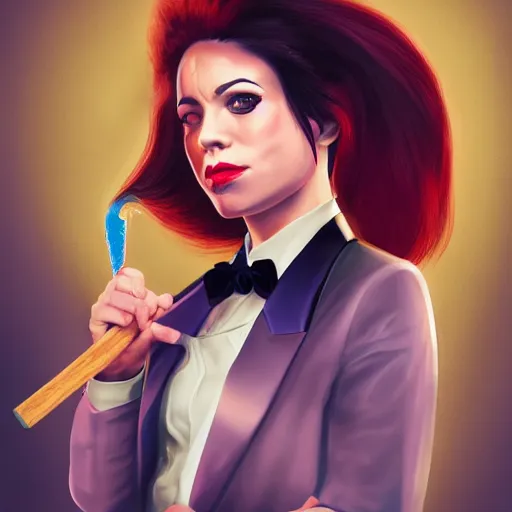 Prompt: portrait of beautiful and tired female magician wearing a business suit and holding an oak wand, trending on artstation, award-winning iridescent art