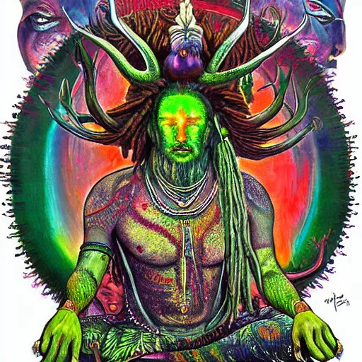 Prompt: a hyper-detailed painting with high details and textures of a psychedelic demon with dreadlocks horns and several eyes, he is in a meditation position and has an open third eye and mystical spiritual powers, the mix cernunnos + shiva