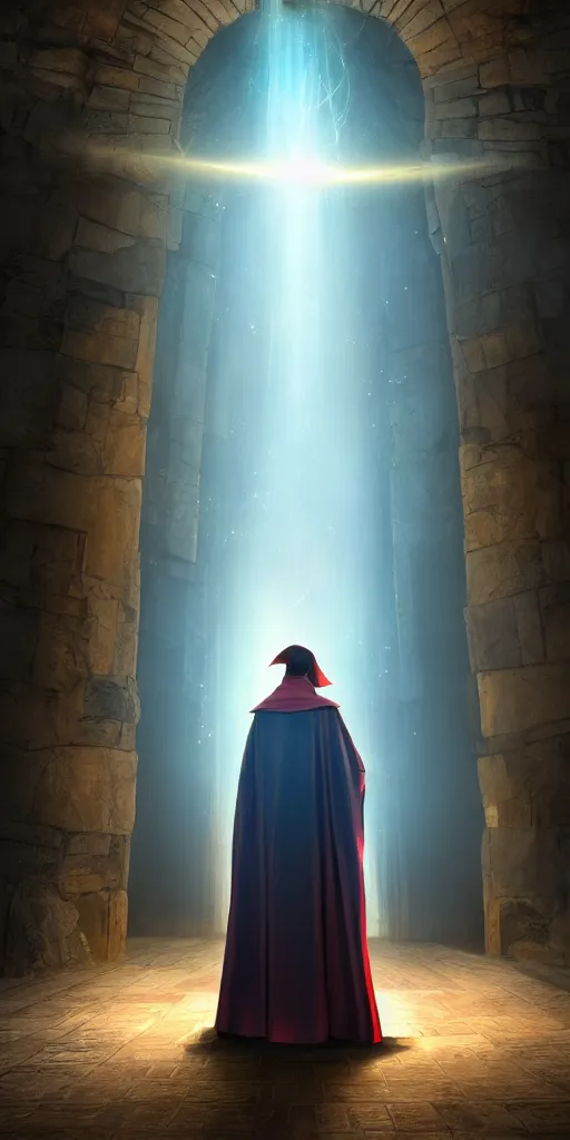 Image similar to a wizard in a cloak standing in front of a portal to wisdom, tall door, high ceiling, magic light, light beam, cinematic atmosphere, high definition, ultra detailed