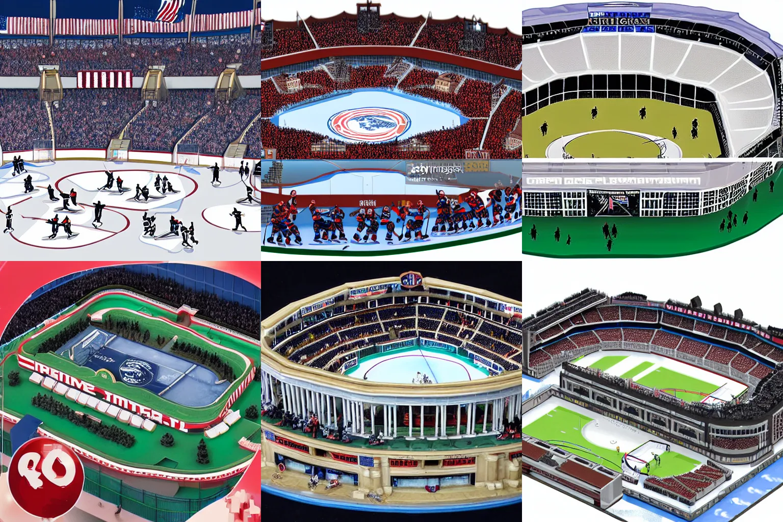 Prompt: 20 Obamas all playing ice hockey, hockey stadium, detailed, realistic,