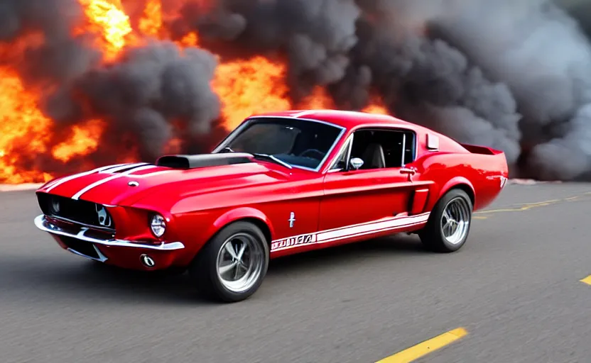 Image similar to a red 1 9 6 8 ford mustang shelby gt 5 0 0 driving high speed, fire explosion in the background, action scen. realistic. high resolution. dramatic