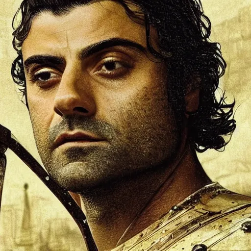Image similar to painting of oscar isaac in armor playing achilles, ancient city in background, ultra detailed, realistic, movie poster, in the style of leonardo davinci