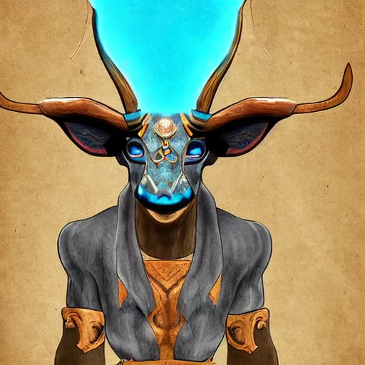 Prompt: well dressed minotaur with blue flaming eyes, digital art