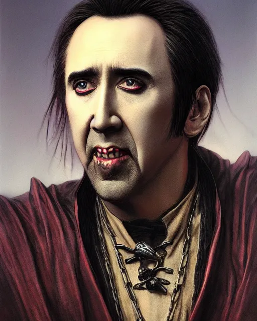 Image similar to nicolas cage as dracula, highly detailed, centered, artstation, concept art, smooth, sharp focus, illustration, bokeh art by artgerm and donato giancola and joseph christian leyendecker zdzisław beksinski