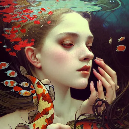 Prompt: Portrait of a girl surrounded by Koi fish, face, fantasy, intricate, elegant, highly detailed, digital painting, artstation, concept art, smooth, sharp focus, illustration, art by Heady Tale and Artem Demura and alphonse mucha