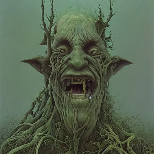 Image similar to forest goblin by Zdzisław Beksiński, oil on canvas