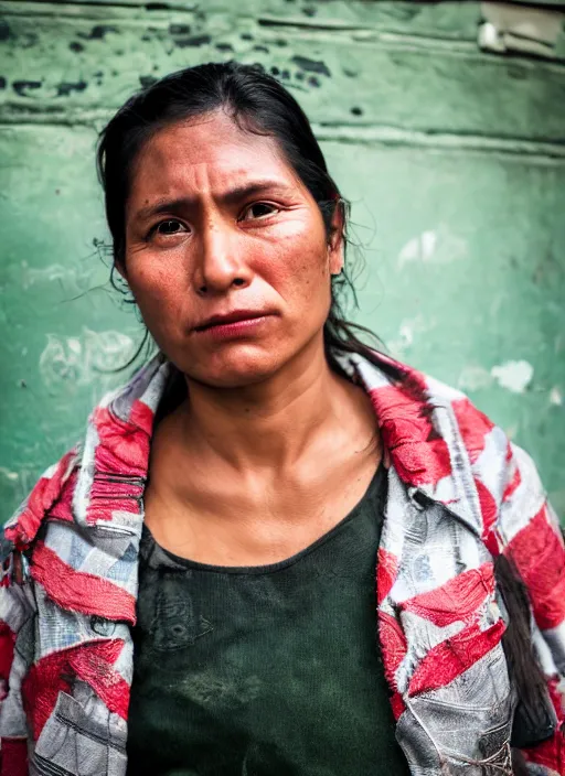 Prompt: Mid-shot portrait of a stylish 35-year-old woman from Guatemala, candid street portrait in the style of Martin Schoeller, strong red and greens, award winning, Sony a7R