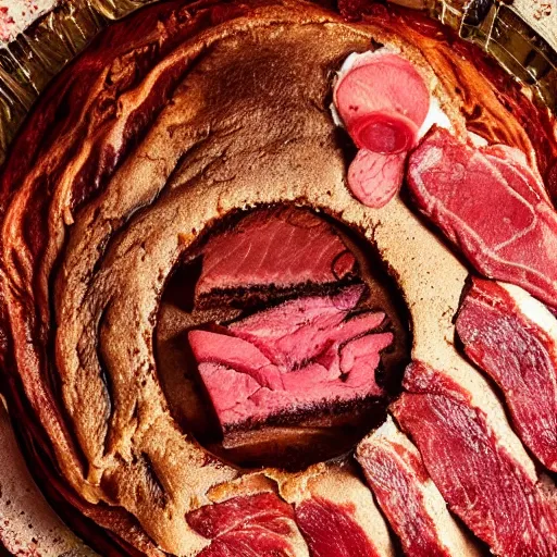 Prompt: a cake made out of meat, close up digital photography, instagram award winning photo,