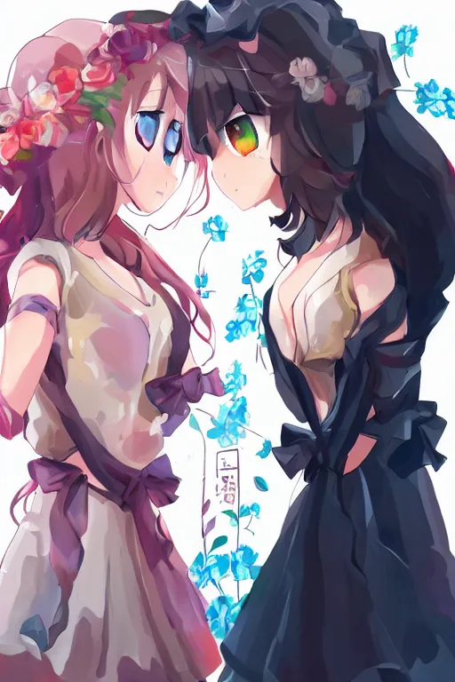 Image similar to two beautiful idols standing face to face, trending artstation, pixiv, detailed anime art