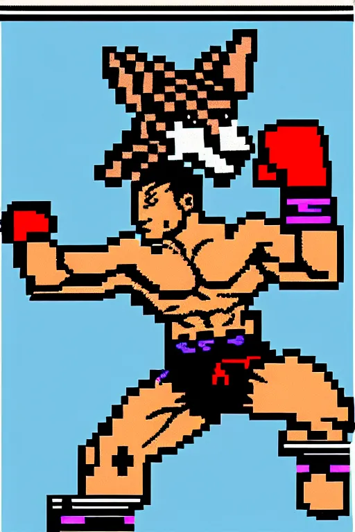 Image similar to extreme long shot. 8 bit nes graphics. hermann nitschantropomorphic muscular masculine wolf. kickboxer fighter, in shorts. wolf head. art from nes game cartridge,