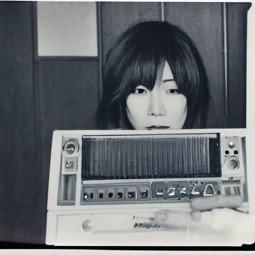 Prompt: 1 9 7 0 s polaroid of a female japanese musician playing a vintage modular synthesizer, hazy, faded