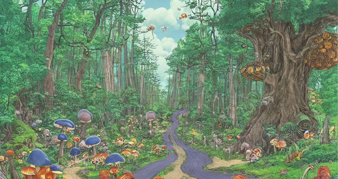 Prompt: road in a forest road, with different birds and animals, small and big fairy tale buildings, giant mushrooms, weird creatures, highly detailed, fantasy art, fairy tale illustration, book illustration, by sven nordqvist, by studio ghibli, by tove jansson