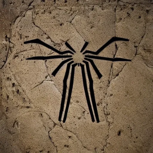 Image similar to hieroglyphs representing spiderman, realistic looking archaeological finding